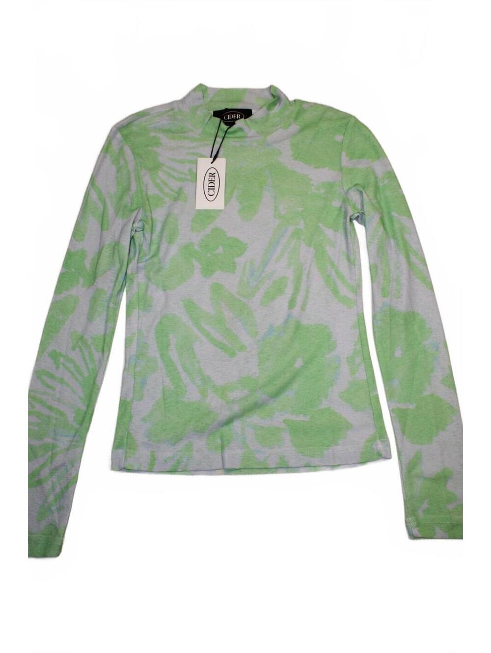 NWT Cider Green Floral Mesh Mock Neck Long Sleeve Top Pastel Blue Flower Print